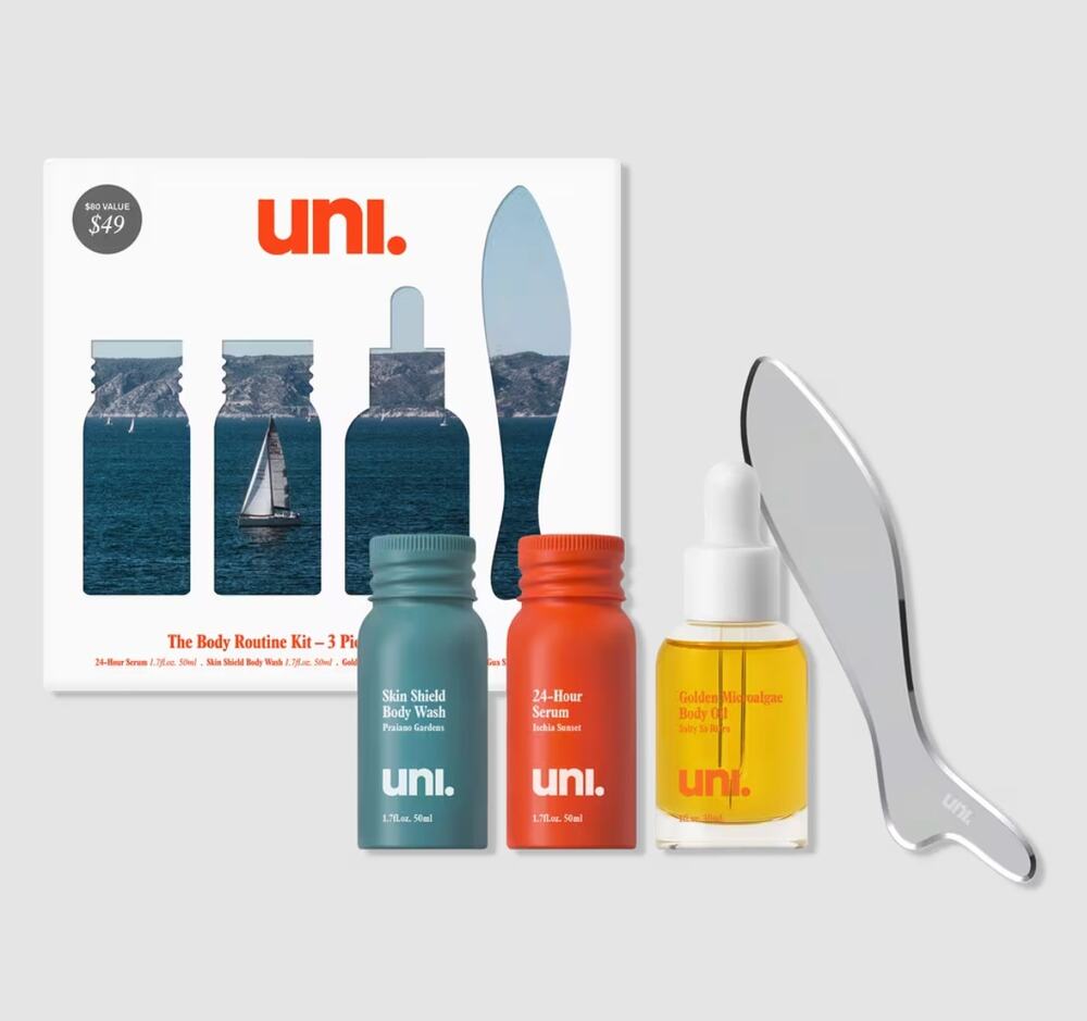 New Uni The Body Routine Kit Set Body Wash, 24 Hour Serum, Body Oil, Gua Sha